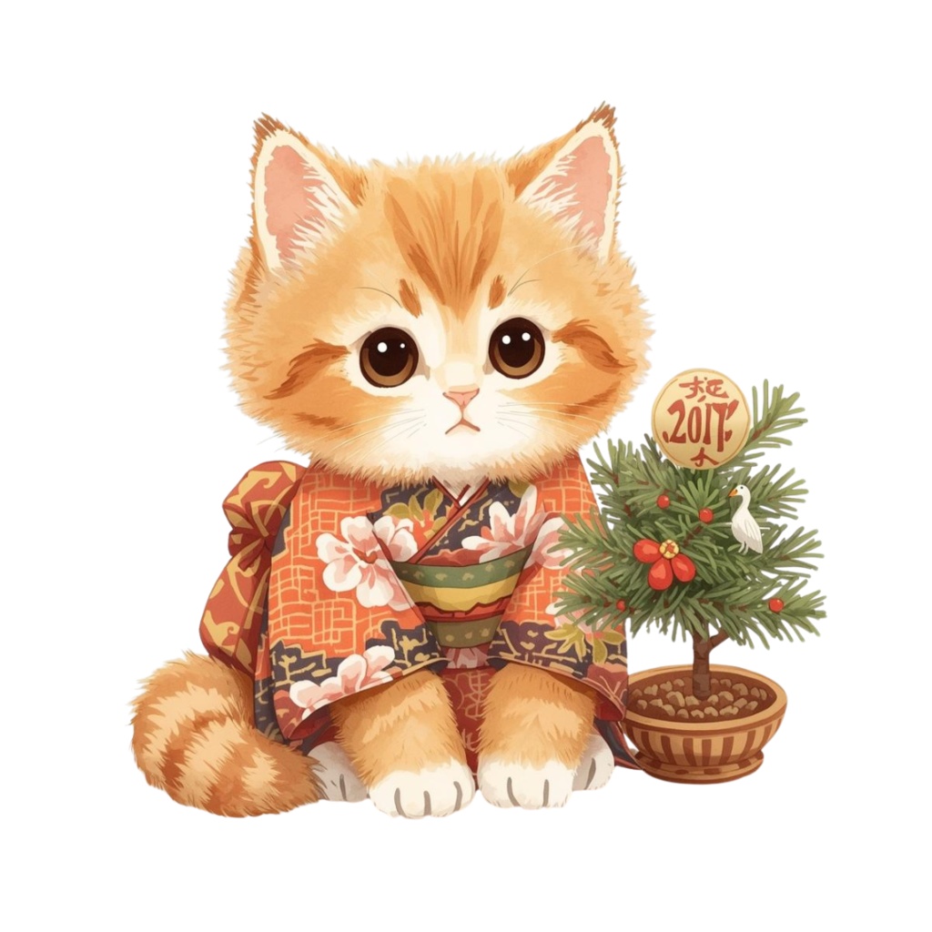 猫の和ppiness B〜パステル絵本風クリップアート10点セット|PNG背景透過