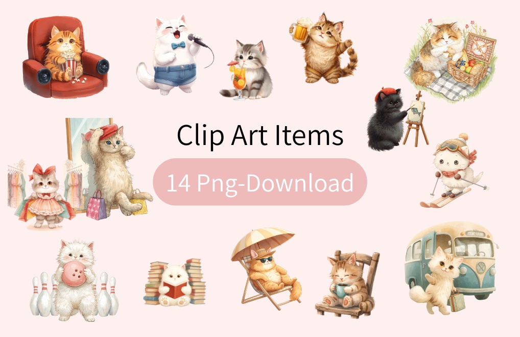 猫のスケジュールA 〜パステル絵本風クリップアート14点セット|PNG背景透過