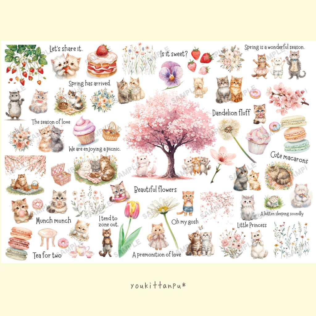 ねこと春の花とスイーツ たっぷり60アイテム 素材シート【ペーパーアイテム素材PNG】