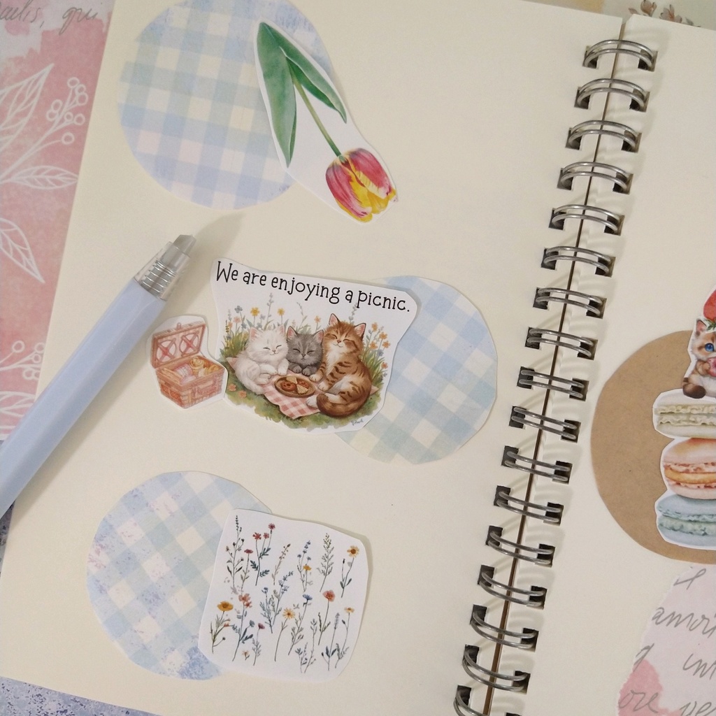 ねこと春の花とスイーツ たっぷり60アイテム 素材シート【ペーパーアイテム素材PNG】