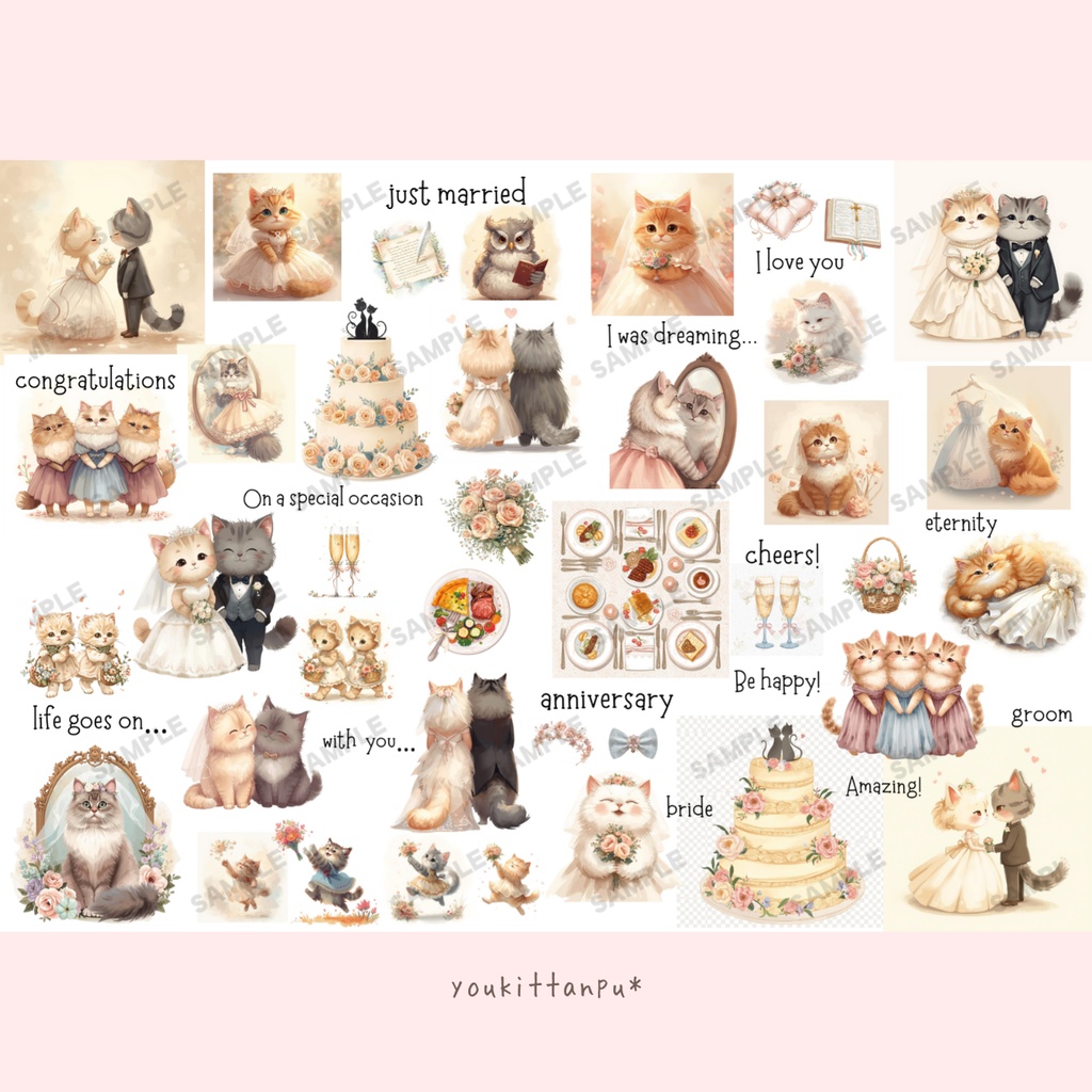 ねこの素材シート 4種まとめておトクセット【ペーパーアイテム素材PNG】