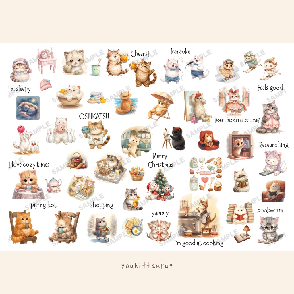 ねこの素材シート 4種まとめておトクセット【ペーパーアイテム素材PNG】