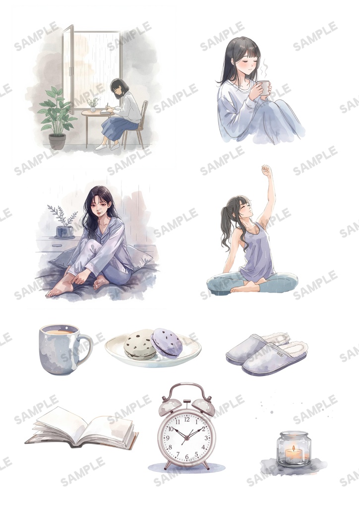 ねこと私~雨の日 素材シート【ペーパーアイテム素材PNG】
