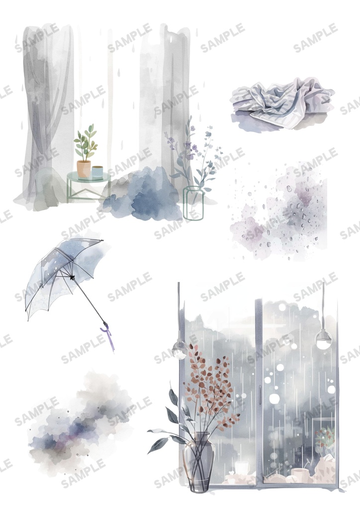 ねこと私~雨の日 素材シート【ペーパーアイテム素材PNG】