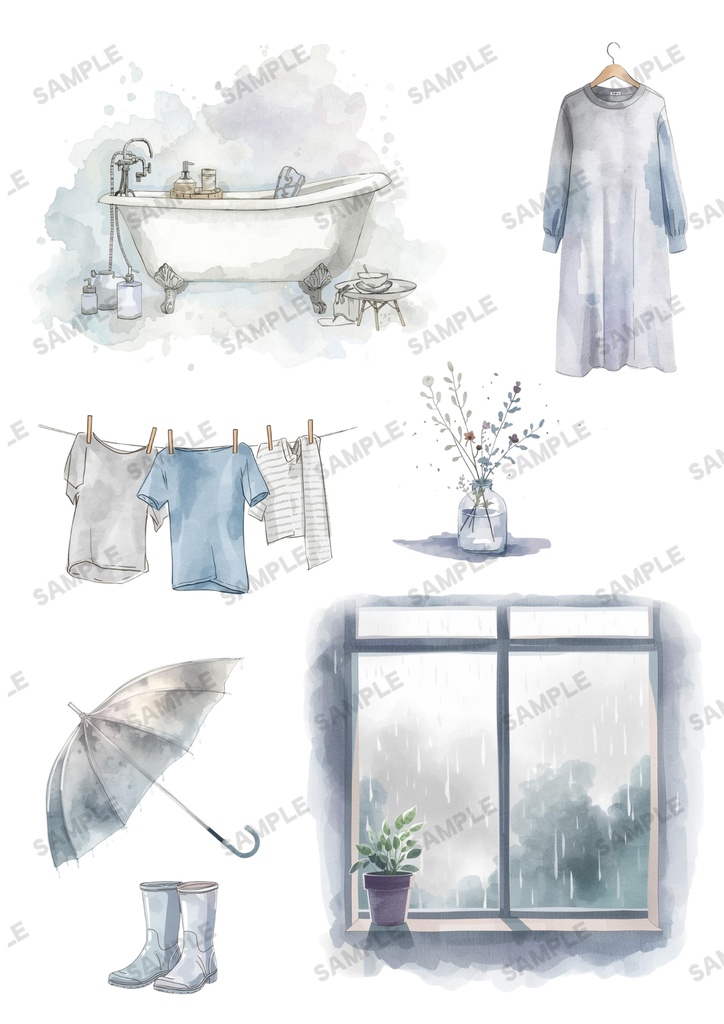 ねこと私~雨の日 素材シート【ペーパーアイテム素材PNG】