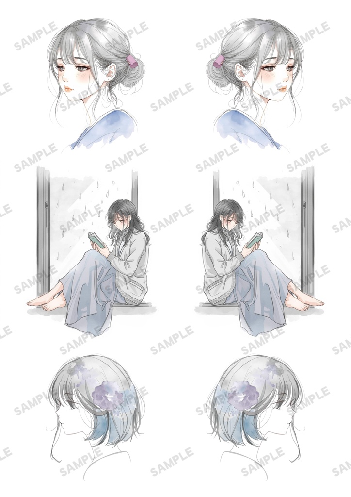 ねこと私~雨の日 素材シート【ペーパーアイテム素材PNG】