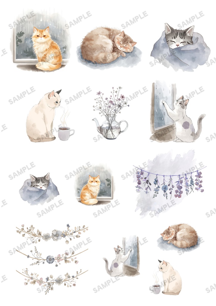 ねこと私~雨の日 素材シート【ペーパーアイテム素材PNG】