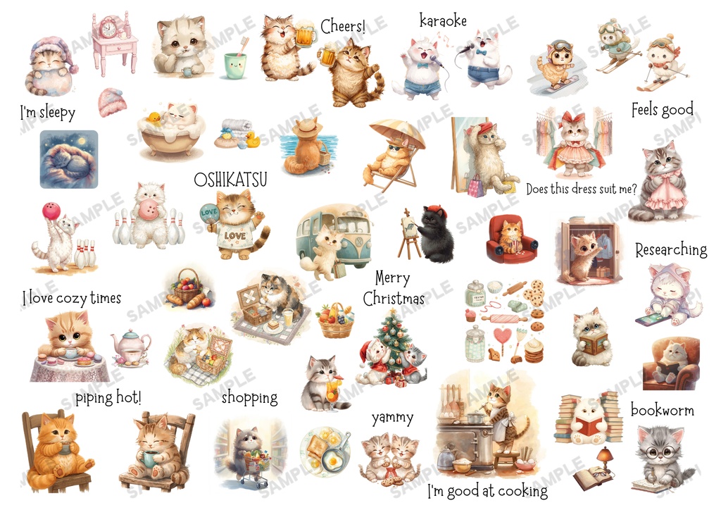【A4コラージュ素材】ねこと私~アウトドア日和 5枚セット*デザインペーパー 手帳 女の子 キャンプ バーベキュー サイクリング ピクニック 海【PNG】