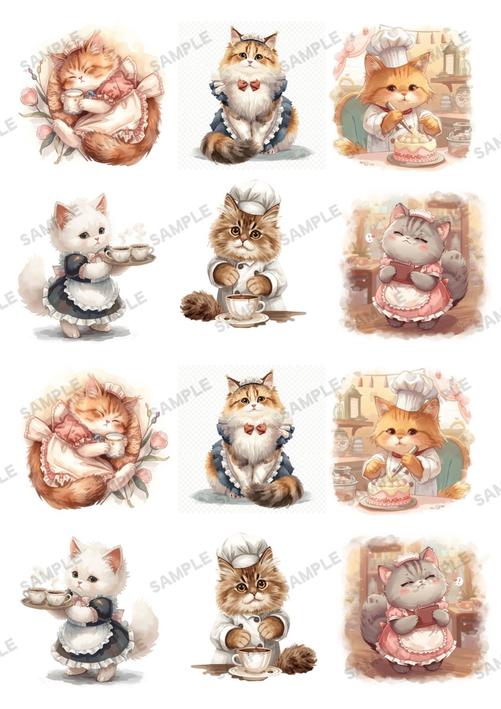 もふもふねこたちとおねえさんの働くcafeでお茶しませんか?【PNG】A4素材シート*デザインペーパー コラージュ デコ 日記 手帳 シール イラスト 推し活 ジャーナリング ブライダル ウェディング スクラップ