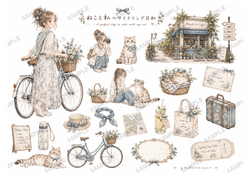 もふもふねこたちとおねえさんの働くcafeでお茶しませんか?【PNG】A4素材シート*デザインペーパー コラージュ デコ 日記 手帳 シール イラスト 推し活 ジャーナリング ブライダル ウェディング スクラップ