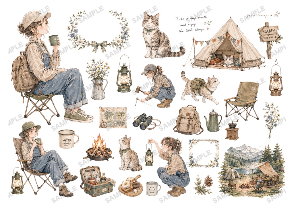 もふもふねこたちとおねえさんの働くcafeでお茶しませんか?【PNG】A4素材シート*デザインペーパー コラージュ デコ 日記 手帳 シール イラスト 推し活 ジャーナリング ブライダル ウェディング スクラップ