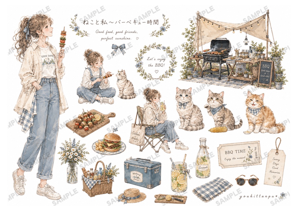 もふもふねこたちとおねえさんの働くcafeでお茶しませんか?【PNG】A4素材シート*デザインペーパー コラージュ デコ 日記 手帳 シール イラスト 推し活 ジャーナリング ブライダル ウェディング スクラップ