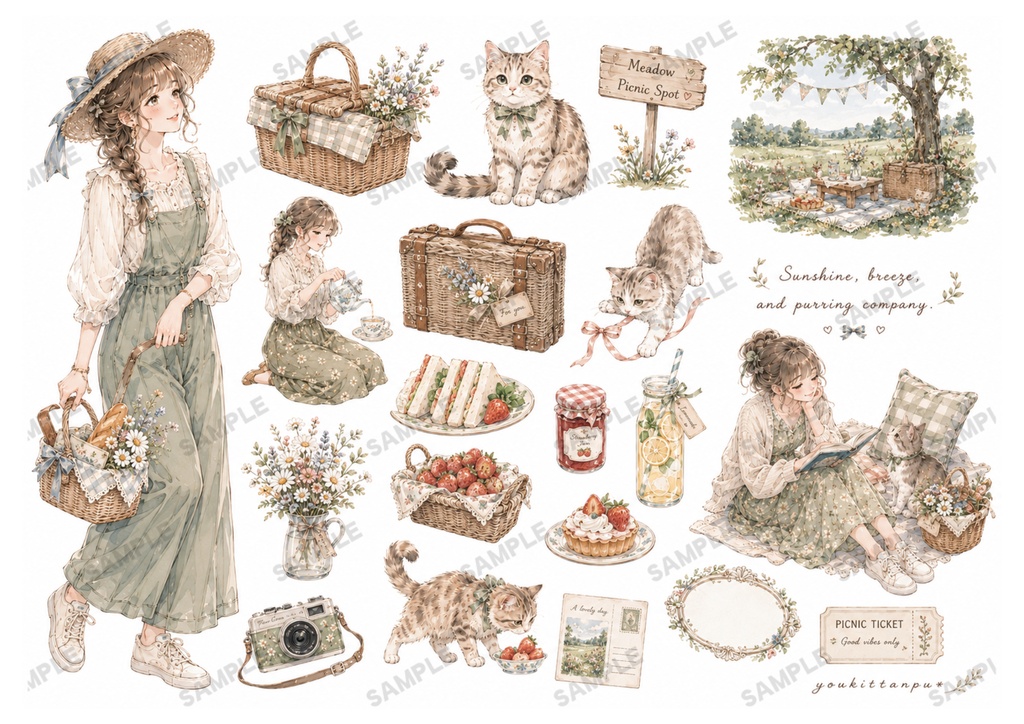 もふもふねこたちとおねえさんの働くcafeでお茶しませんか?【PNG】A4素材シート*デザインペーパー コラージュ デコ 日記 手帳 シール イラスト 推し活 ジャーナリング ブライダル ウェディング スクラップ
