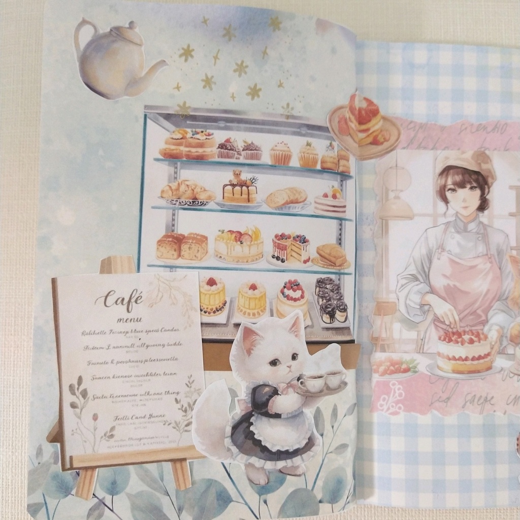 もふもふねこたちとおねえさんの働くcafeでお茶しませんか?【PNG】A4素材シート*デザインペーパー コラージュ デコ 日記 手帳 シール イラスト 推し活 ジャーナリング ブライダル ウェディング スクラップ