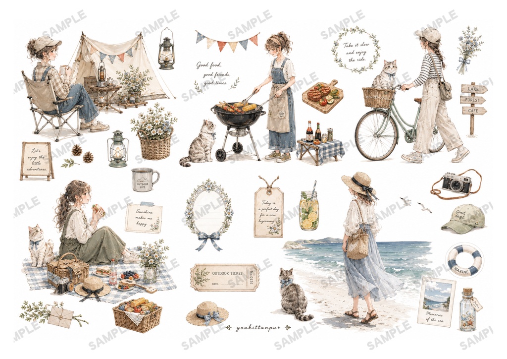 もふもふねこたちとおねえさんの働くcafeでお茶しませんか?【PNG】A4素材シート*デザインペーパー コラージュ デコ 日記 手帳 シール イラスト 推し活 ジャーナリング ブライダル ウェディング スクラップ