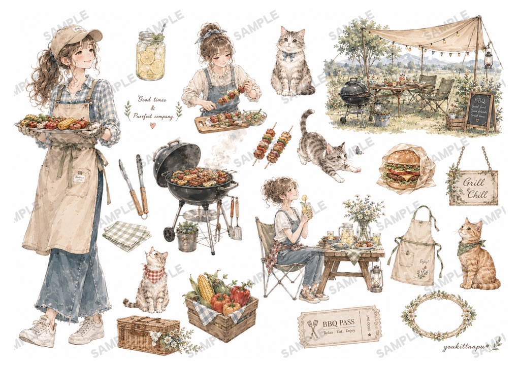 もふもふねこたちとおねえさんの働くcafeでお茶しませんか?【PNG】A4素材シート*デザインペーパー コラージュ デコ 日記 手帳 シール イラスト 推し活 ジャーナリング ブライダル ウェディング スクラップ
