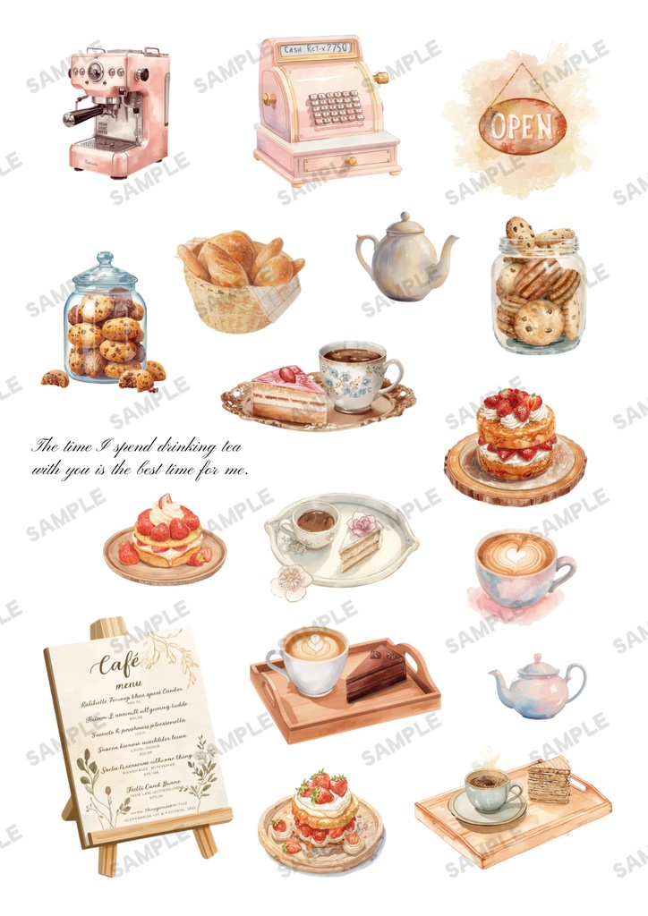 もふもふねこたちとおねえさんの働くcafeでお茶しませんか?【PNG】A4素材シート*デザインペーパー コラージュ デコ 日記 手帳 シール イラスト 推し活 ジャーナリング ブライダル ウェディング スクラップ