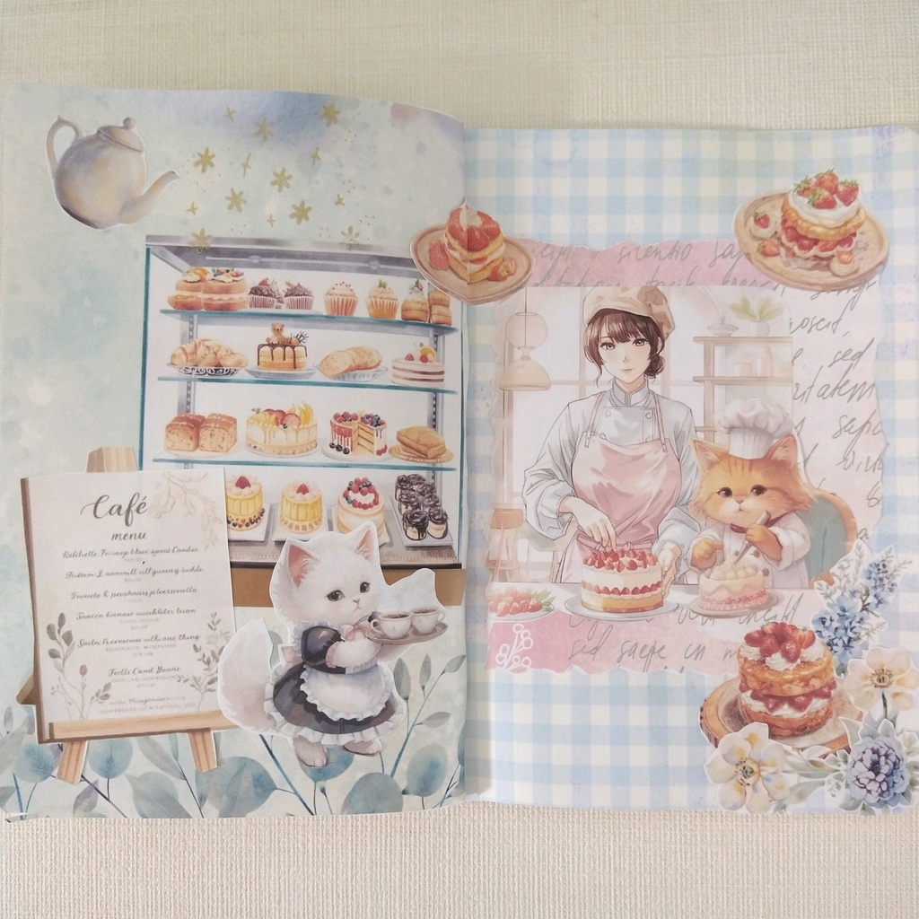 もふもふねこたちとおねえさんの働くcafeでお茶しませんか?【PNG】A4素材シート*デザインペーパー コラージュ デコ 日記 手帳 シール イラスト 推し活 ジャーナリング ブライダル ウェディング スクラップ