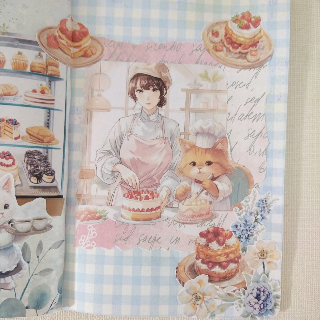 もふもふねこたちとおねえさんの働くcafeでお茶しませんか?【PNG】A4素材シート*デザインペーパー コラージュ デコ 日記 手帳 シール イラスト 推し活 ジャーナリング ブライダル ウェディング スクラップ