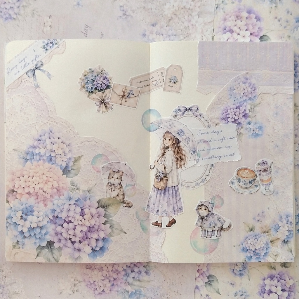 \フラワーフェスタ/デザインペーパー*素材シート コラージュ イラスト 手帳 日記 ラッピング チェック 小花 水色 ピンク ラベンダー ジャンクジャーナル ジャーナリング スクラップ おすそ分け