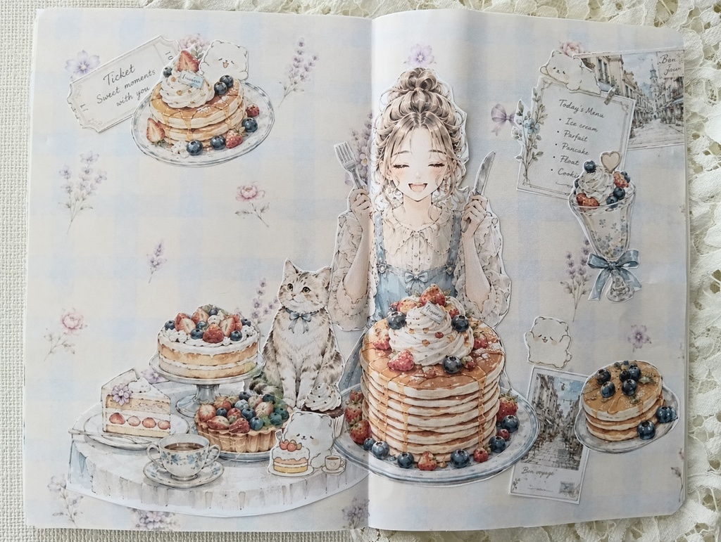 \フルーツフェスタ/デザインペーパー*素材シート コラージュ イラスト 手帳 日記 ラッピング 果物 いちご ブルーベリー リボン フラワー ジャンクジャーナル ジャーナリング スクラップ おすそ分け