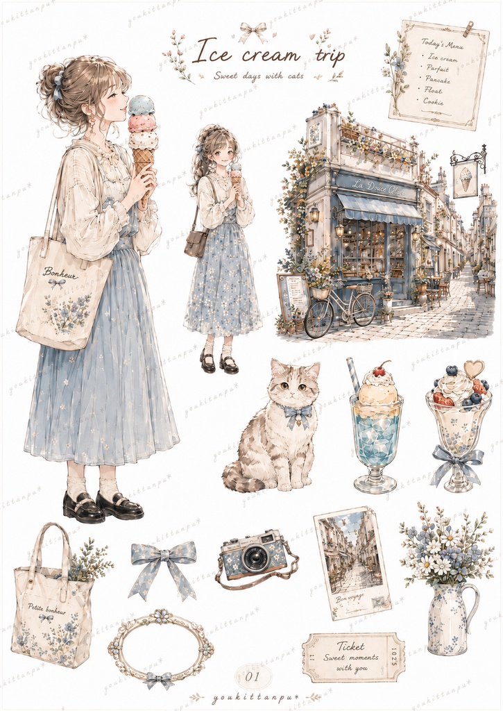 【A4コラージュ素材】ねこと私~スイーツ物語 5枚セット*デザインペーパー 手帳 女の子 食べ歩き 素材シート イラスト 手帳 日記 デコ ダウンロード ジャンクジャーナル ジャーナリング スクラップ