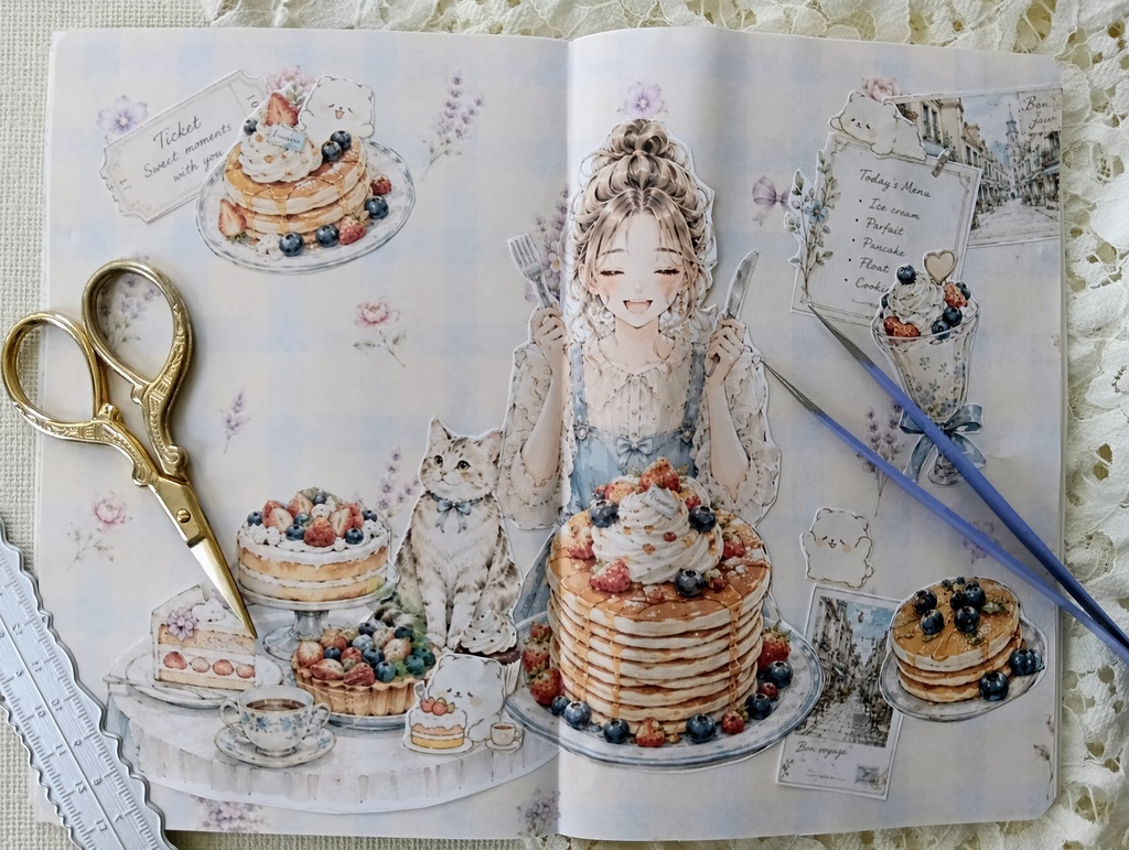【A4コラージュ素材】ねこと私~スイーツ物語 5枚セット*デザインペーパー 手帳 女の子 食べ歩き 素材シート イラスト 手帳 日記 デコ ダウンロード ジャンクジャーナル ジャーナリング スクラップ