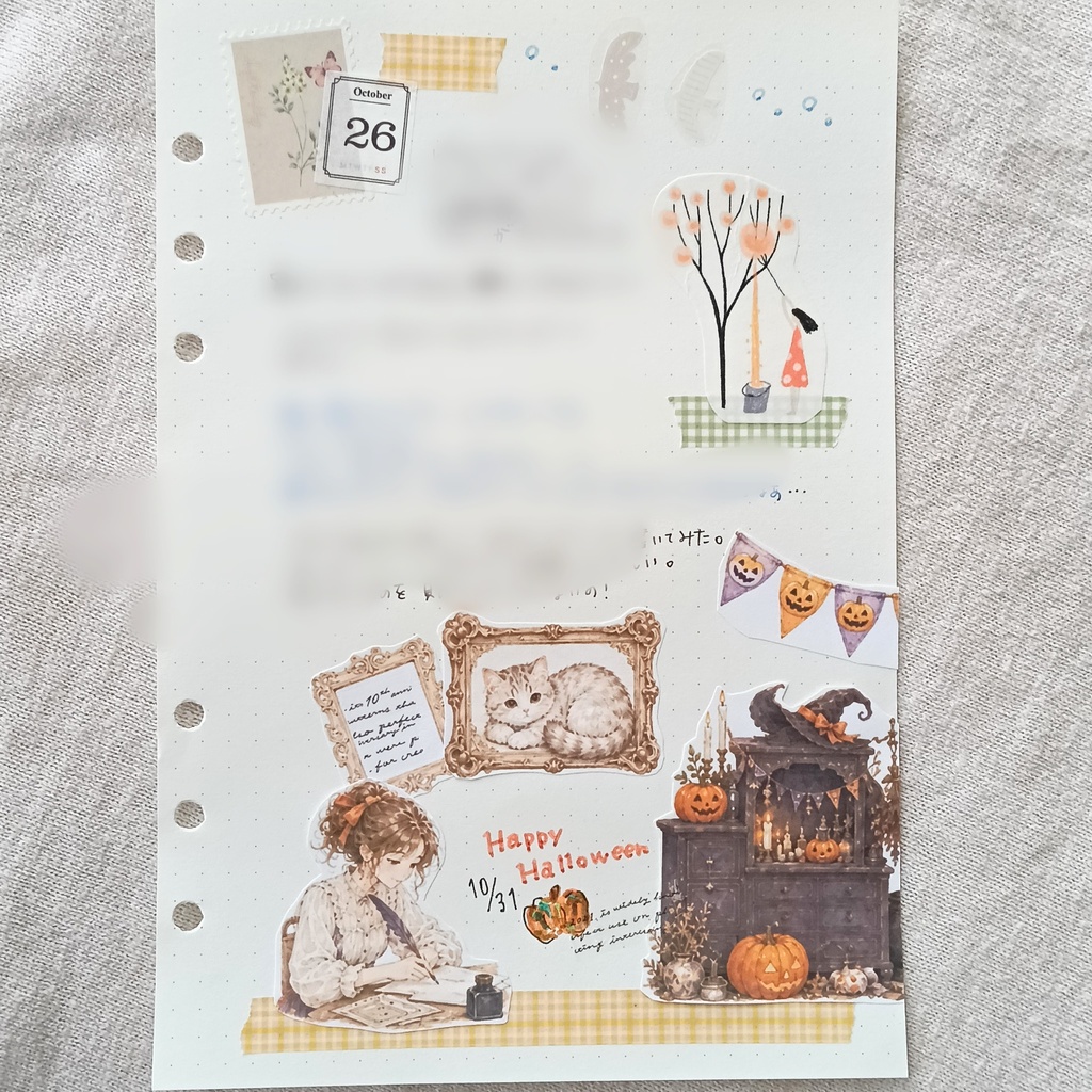 5枚セット+2枚🎃ハロウィンに恋して~ねこと私 【A4コラージュ素材】デザインペーパー 手帳 女の子 ジャックオランタン イラスト日記 デコ ダウンロード ジャンクジャーナル ジャーナリング 秋【PNG】