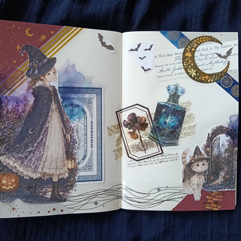 5枚セット+2枚🎃ハロウィンに恋して~ねこと私 【A4コラージュ素材】デザインペーパー 手帳 女の子 ジャックオランタン イラスト日記 デコ ダウンロード ジャンクジャーナル ジャーナリング 秋【PNG】