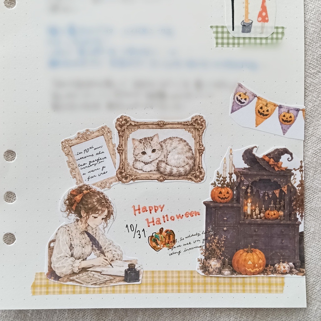 5枚セット+2枚🎃ハロウィンに恋して~ねこと私 【A4コラージュ素材】デザインペーパー 手帳 女の子 ジャックオランタン イラスト日記 デコ ダウンロード ジャンクジャーナル ジャーナリング 秋【PNG】