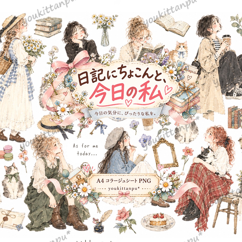 今日の私～女の子素材4枚セット＊手帳素材 イラストシート コラージュ ジャンクジャーナル 日記 立ち姿 座り姿【PNG】ダウンロード素材