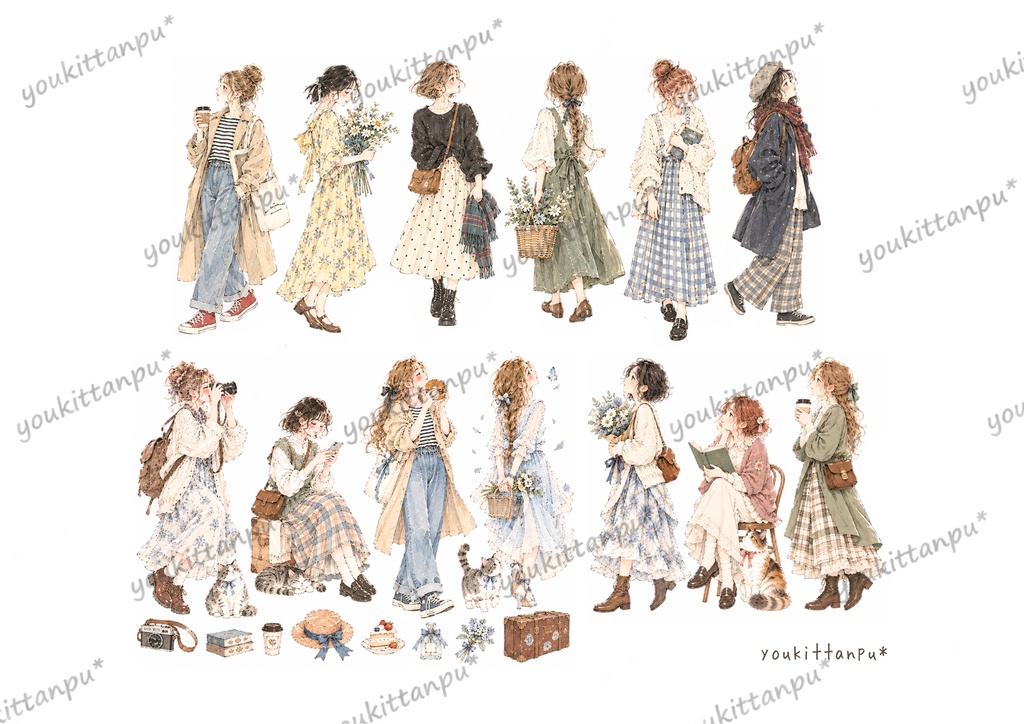 今日の私~女の子素材4枚セット*手帳素材 イラストシート コラージュ ジャンクジャーナル 日記 立ち姿 座り姿【PNG】ダウンロード素材