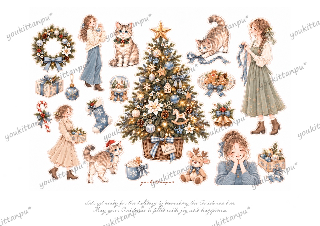 アンティーククリスマスB~ねこと私~3枚セット【A4コラージュ素材】 イラスト ジャンクジャーナル 日記 手帳 女の子素材 デザインペーパー 素材シート デコ ダウンロード ジャーナリング スクラップ【PNG】