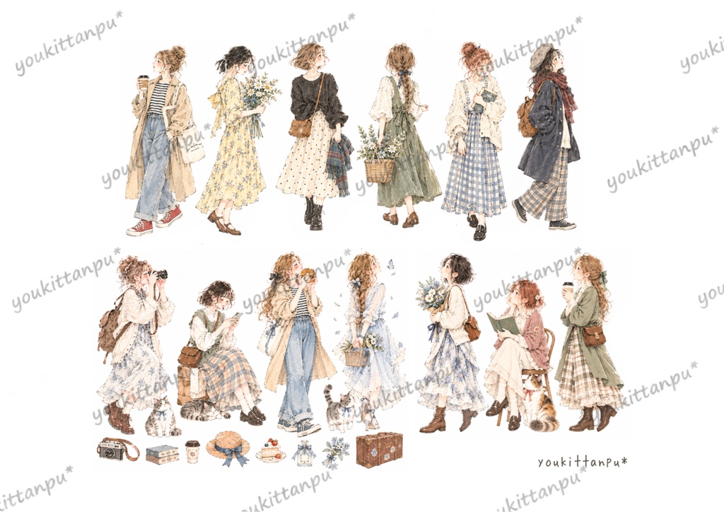 アンティーククリスマスB~ねこと私~3枚セット【A4コラージュ素材】 イラスト ジャンクジャーナル 日記 手帳 女の子素材 デザインペーパー 素材シート デコ ダウンロード ジャーナリング スクラップ【PNG】