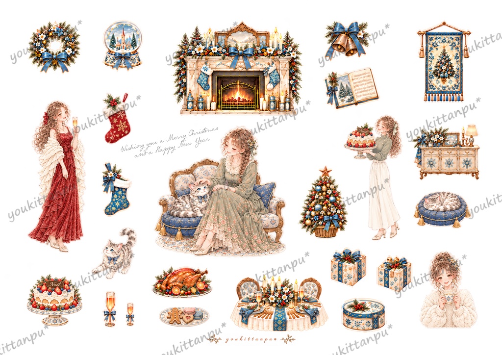 アンティーククリスマスB~ねこと私~3枚セット【A4コラージュ素材】 イラスト ジャンクジャーナル 日記 手帳 女の子素材 デザインペーパー 素材シート デコ ダウンロード ジャーナリング スクラップ【PNG】