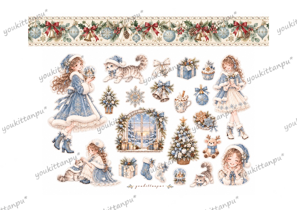 アンティーククリスマスB~ねこと私~3枚セット【A4コラージュ素材】 イラスト ジャンクジャーナル 日記 手帳 女の子素材 デザインペーパー 素材シート デコ ダウンロード ジャーナリング スクラップ【PNG】