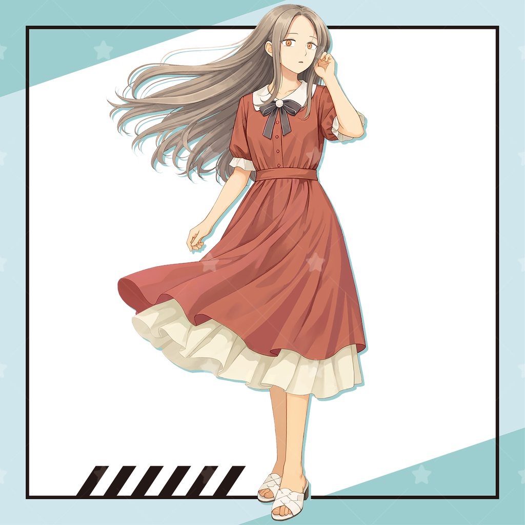 立ち絵素材01 ワンピースを着たロングヘアの女性(表情差分12種)