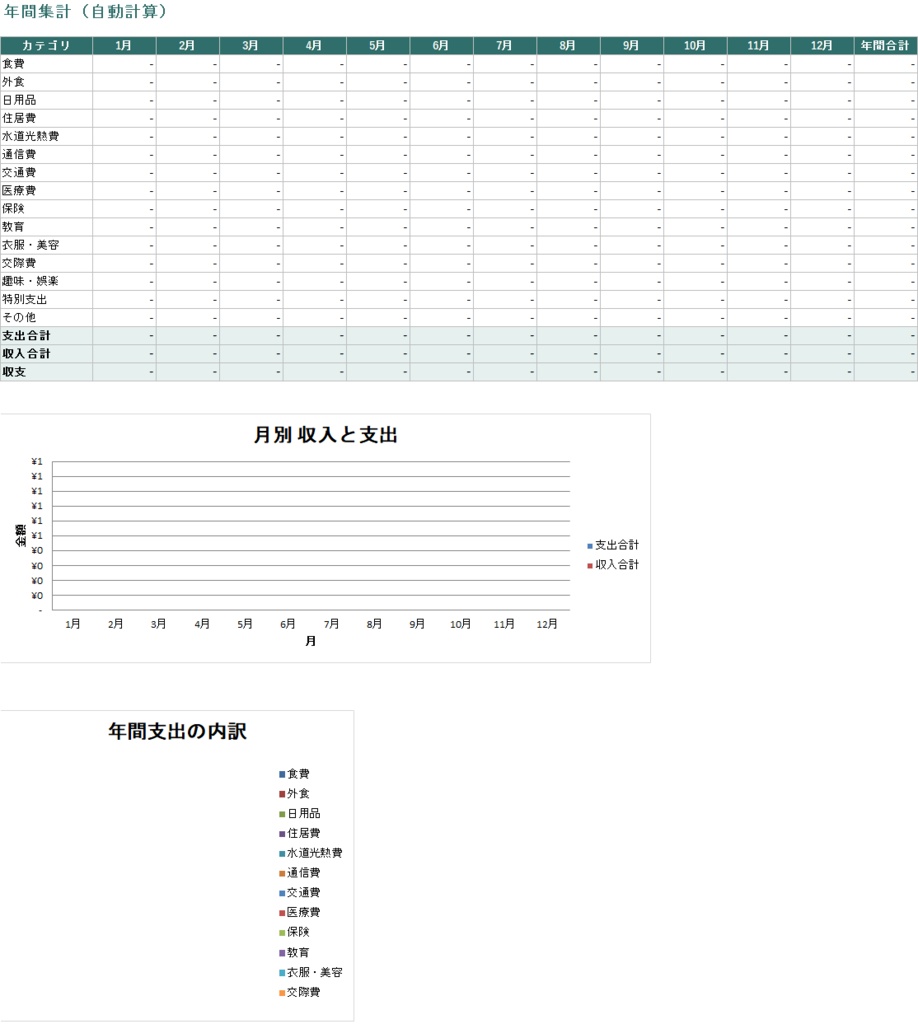 かんたん年間家計簿テンプレート【Excel】自動集計・グラフ付き|入力するだけ