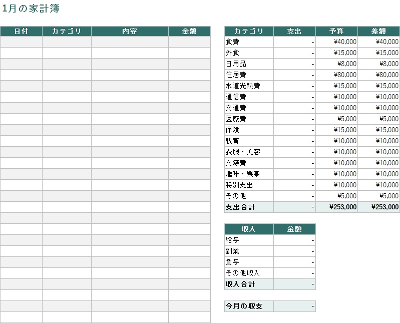 かんたん年間家計簿テンプレート【Excel】自動集計・グラフ付き|入力するだけ