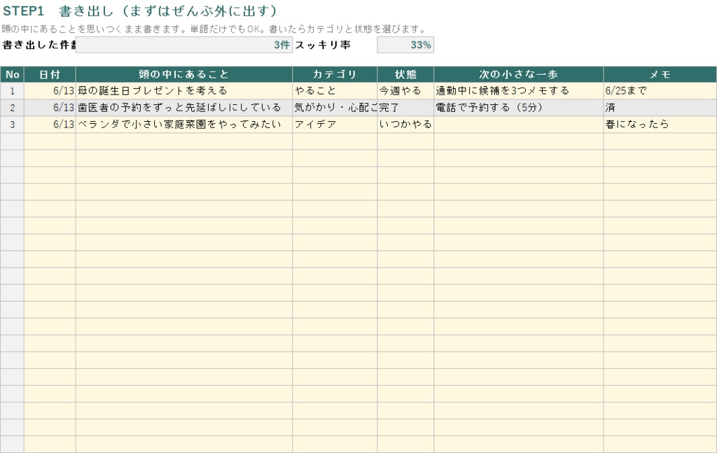 頭の中の整理シート【Excel+印刷用PDF】質問に答えるだけで頭の中を見える化|ブレインダンプ・思考整理