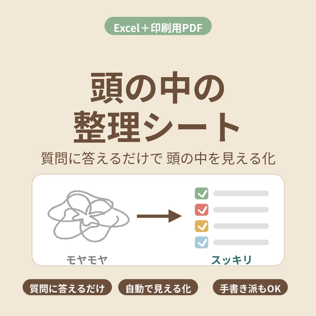 頭の中の整理シート【Excel＋印刷用PDF】質問に答えるだけで頭の中を見える化｜ブレインダンプ・思考整理