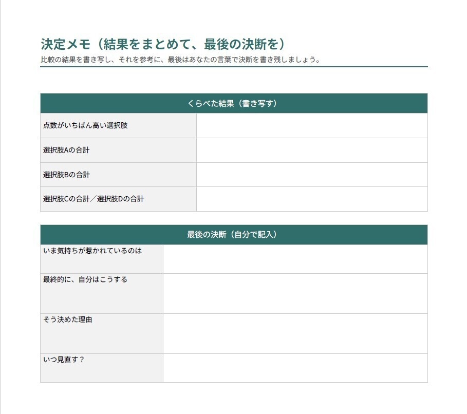 選択肢比較シート【Excel+印刷用PDF】悩み・決断の整理|重みづけ採点で迷いを見える化・自分の答えを見つける
