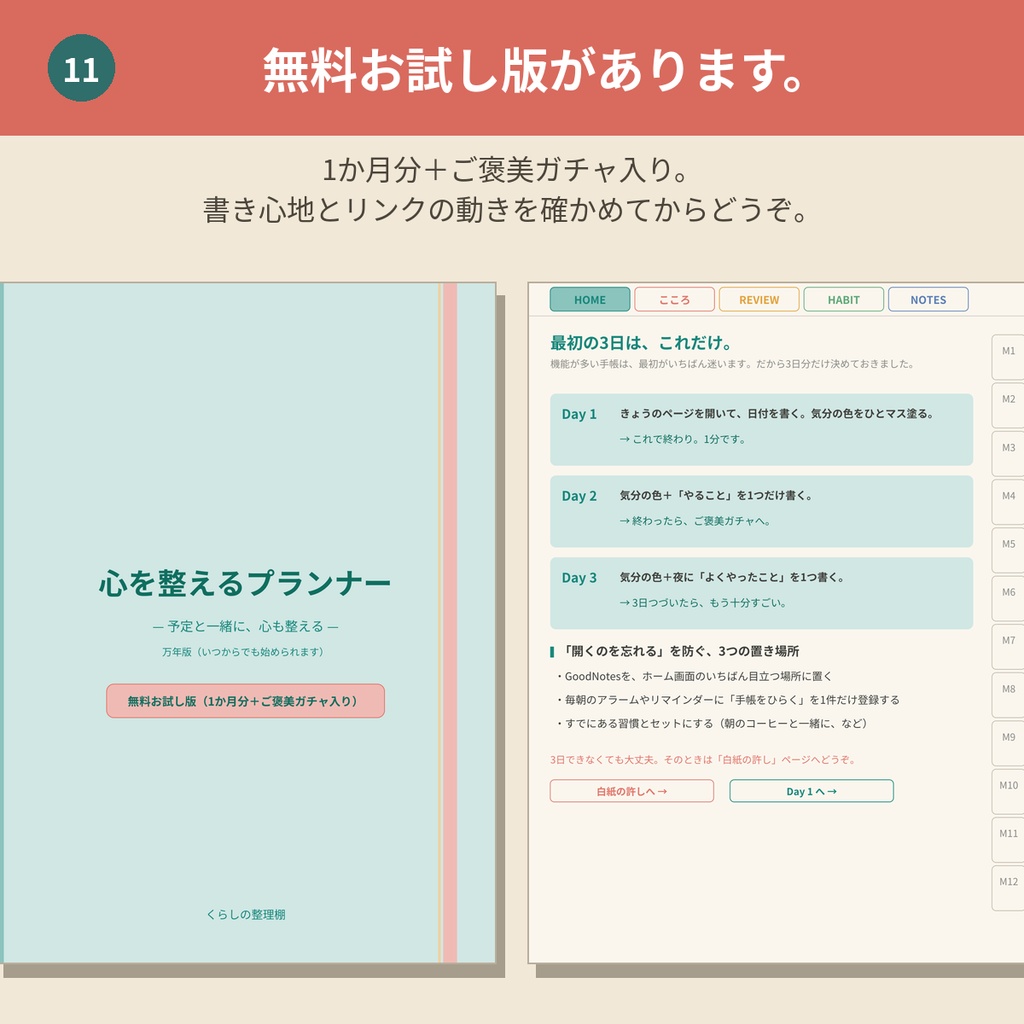 心を整えるデジタルプランナー 万年版【GoodNotes対応PDF】ADHDの方にも使いやすい全ページリンク888ページ|こころの記録・ご褒美ガチャつき手帳