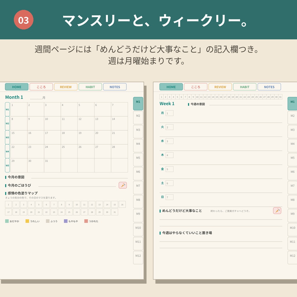 心を整えるデジタルプランナー 万年版【GoodNotes対応PDF】ADHDの方にも使いやすい全ページリンク888ページ|こころの記録・ご褒美ガチャつき手帳