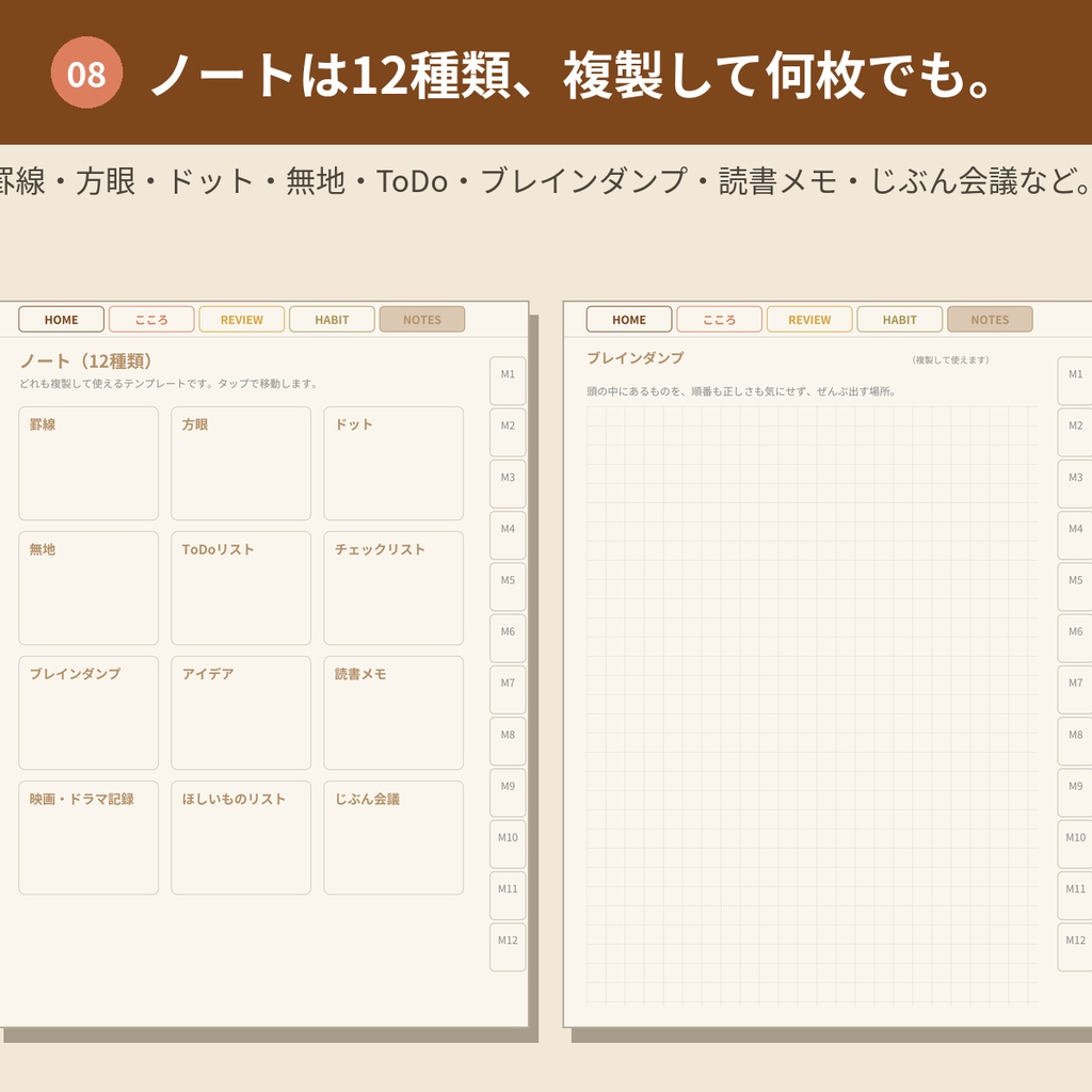 心を整えるデジタルプランナー【モカベージュ】GoodNotes対応PDF|ADHDの方にも使いやすい|全ページリンク888ページ|こころの記録・ご褒美ガチャつき手帳