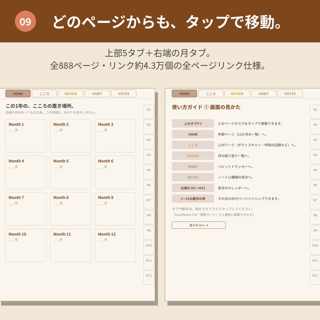 心を整えるデジタルプランナー【モカベージュ】GoodNotes対応PDF|ADHDの方にも使いやすい|全ページリンク888ページ|こころの記録・ご褒美ガチャつき手帳