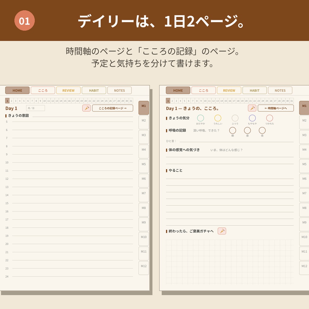 心を整えるデジタルプランナー【モカベージュ】GoodNotes対応PDF|ADHDの方にも使いやすい|全ページリンク888ページ|こころの記録・ご褒美ガチャつき手帳