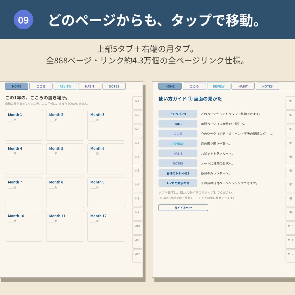 心を整えるデジタルプランナー【ブルー】GoodNotes対応PDF|ADHDの方にも使いやすい|全ページリンク888ページ|こころの記録・ご褒美ガチャつき手帳