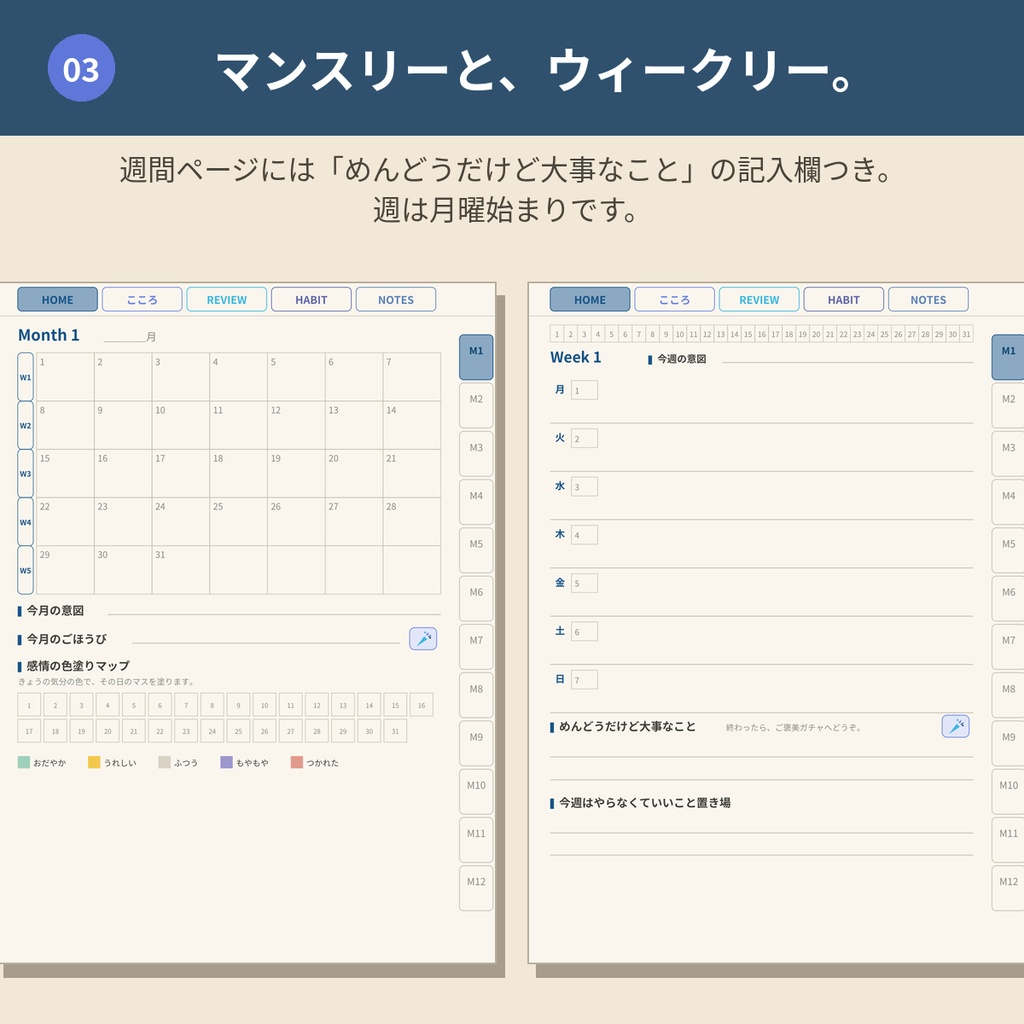 心を整えるデジタルプランナー【ブルー】GoodNotes対応PDF|ADHDの方にも使いやすい|全ページリンク888ページ|こころの記録・ご褒美ガチャつき手帳