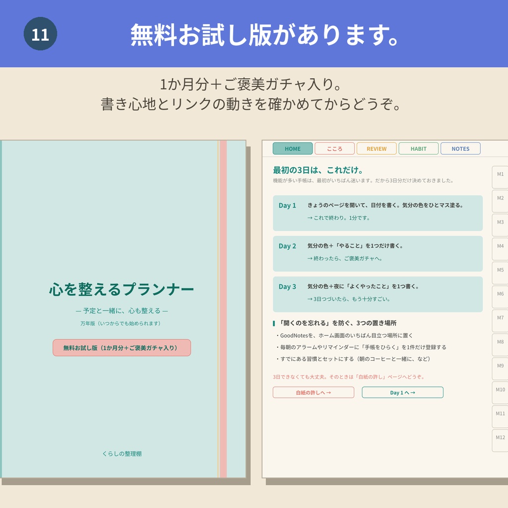 心を整えるデジタルプランナー【ブルー】GoodNotes対応PDF|ADHDの方にも使いやすい|全ページリンク888ページ|こころの記録・ご褒美ガチャつき手帳